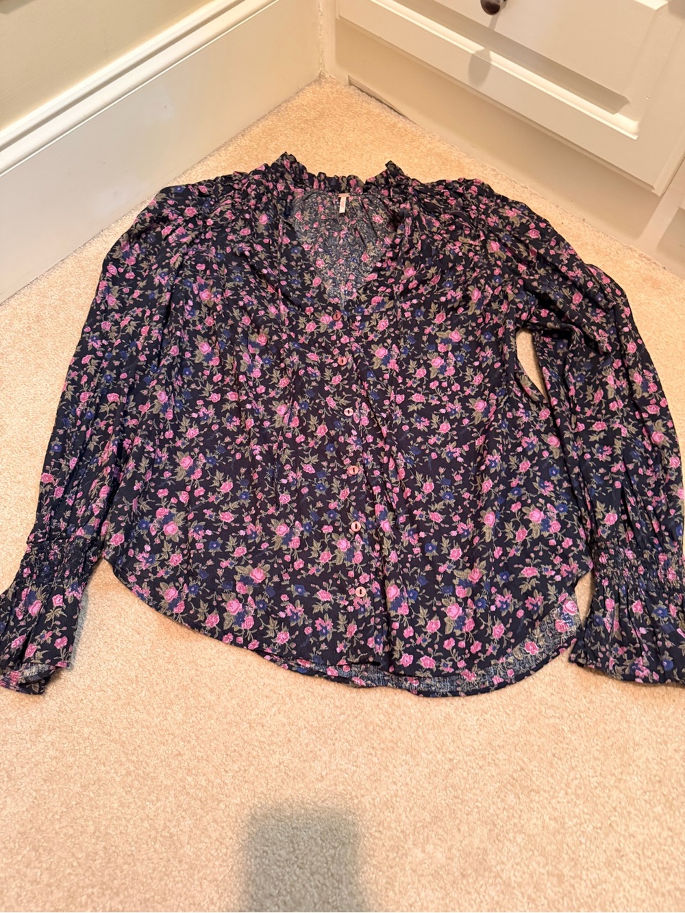 Free People Black Floral Button-Down Blouse with Pink & Purple Blooms